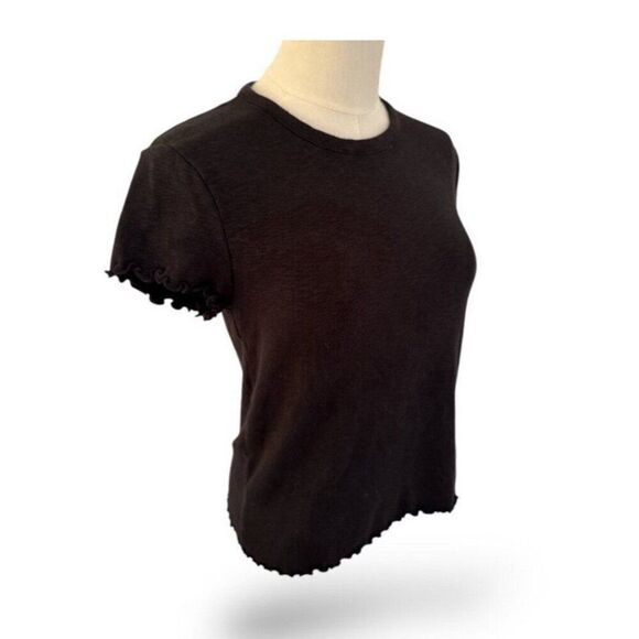 Madewell Solid Black Crew Neck Short Sleeve Ruffle Frill Top T Shirt Small - Picture 2 of 5